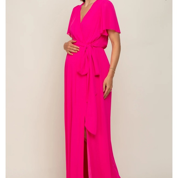 Fuchsia Chiffon Short Sleeve Wrap V-Neck Front Slit Maternity Maxi - Picture 2 of 4